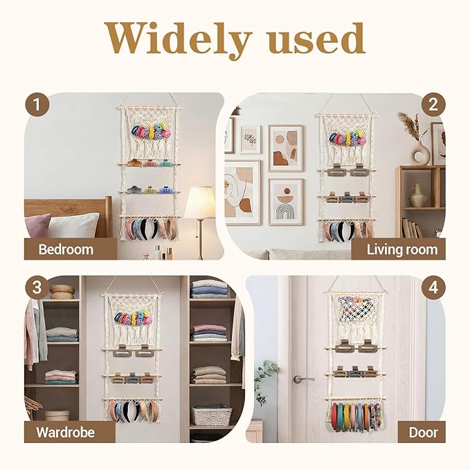 Hair Clip Holder Organizer Macrame Bow Organizer for Girls,Headband Holder Hair Accessories Storage Large Capacity Wall Hanging for Door Bedroom Wardrobe Home Decor (Beige A)