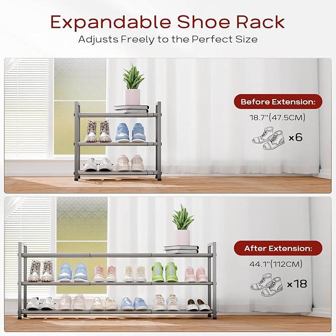 Bumusty 3-Tier Long Expandable Shoe Rack for Closet, 18"-44" Adjustable Shoe Rack for Entryway, 15-18 Pairs Large Shoe Organizer Shelf Storage, Sturdy Metal, Light Grey