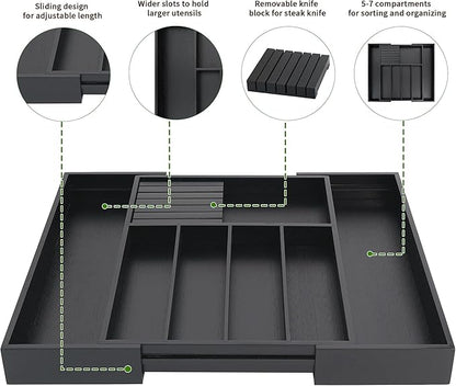VaeFae Bamboo Silverware Drawer Organizer Kitchen, Expandable Utensil Organizer with Knife Block, Cutlery Tray with Divider, Multifunctional Drawer Organizer (Black)