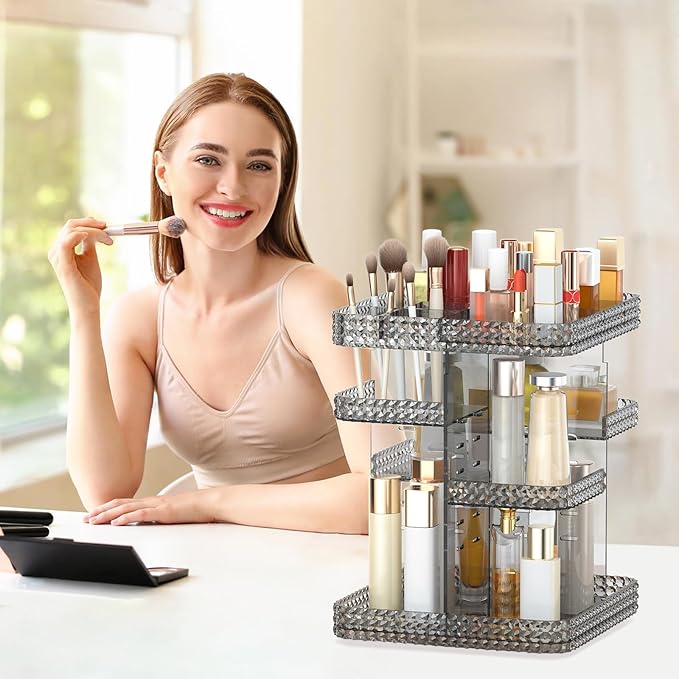 Rotating Makeup Organizer, Large Capacity Cosmetic Display Case, Acrylic Skincare Organizer with Makeup Brush, Makeup Storage Organizer for Dresser Countertop and Bathroom Vanity - Grey