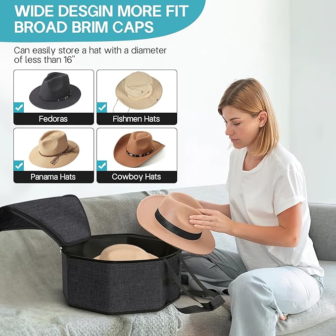 SLEEPING LAMB Hat Box for Travel and Storage, Collapsible Cowboy Cap Organizer for Closet with Handles, Hat Boxes for Men and Women Storage Large Cap Case Carrier with Cardbord, Black