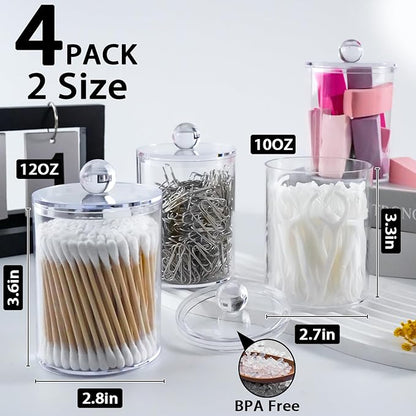 XIPENGKEJI 4 Pack Qtip Holder,Canister Apothecary Jar Set, Bathroom Jars with Lids Set for Cotton Swabs, Balls, Pads, Floss Picks,10oz-12oz Plastic Canisters Restroom Bedroom Vanity Organizer