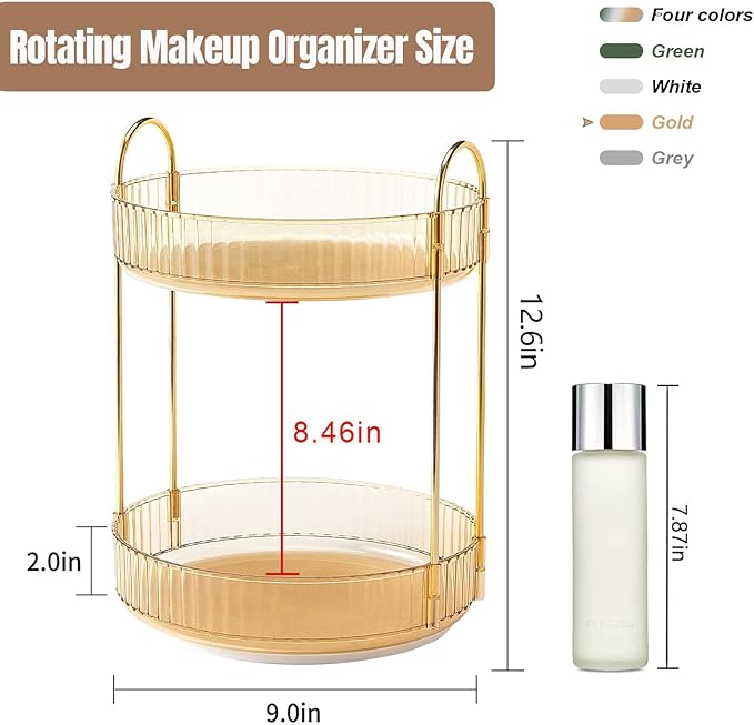 360 Rotating Makeup Organizer for Vanity, Bathroom Countertop Spinning Perfume Organizer, High-Capacity Cosmetic and Skincare Dresser Make Up Holder Rack (2 Tiers, Yellow)