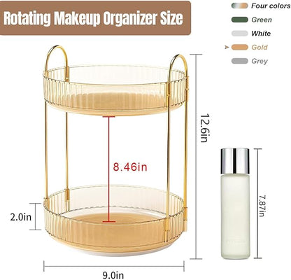 360 Rotating Makeup Organizer for Vanity, Bathroom Countertop Spinning Perfume Organizer, High-Capacity Cosmetic and Skincare Dresser Make Up Holder Rack (2 Tiers, Yellow)