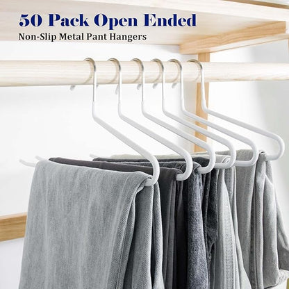 50 Pack Open Ended Pants Hangers with Non Slip Design,Suitable for Trousers,Jeans,Towels for Closet Space Saving,Durable Metal Material with Rubber Coating (White)