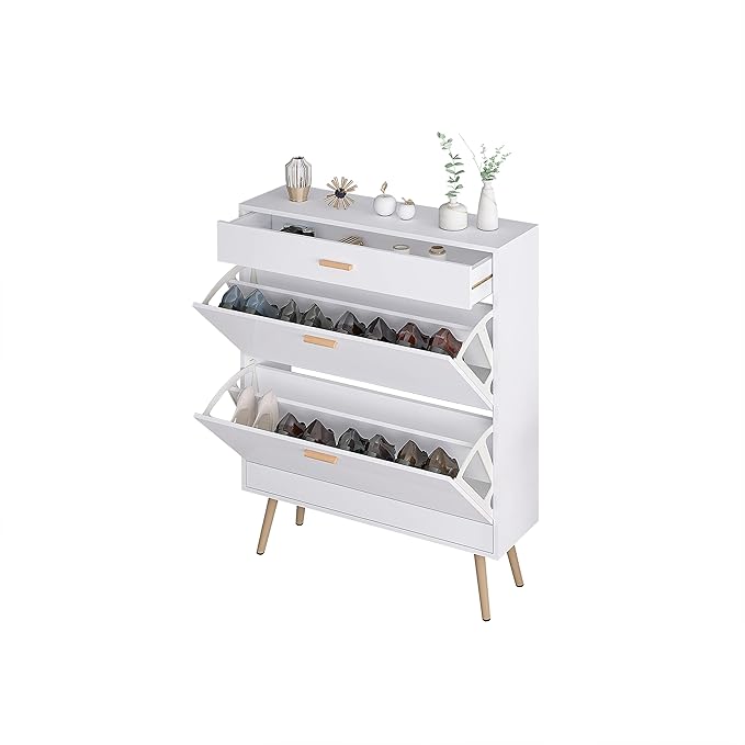 Shoe Storage Cabinets, Free Standing Shoe Organizer with 2 Flip Drawers for Entryway, Narrow 3 Tier Entryway Hidden Shoe Rack with Doors for Heels, Boots, Slippers (White-2 Flip Drawers)