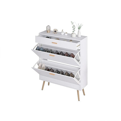 Shoe Storage Cabinets, Free Standing Shoe Organizer with 2 Flip Drawers for Entryway, Narrow 3 Tier Entryway Hidden Shoe Rack with Doors for Heels, Boots, Slippers (White-2 Flip Drawers)