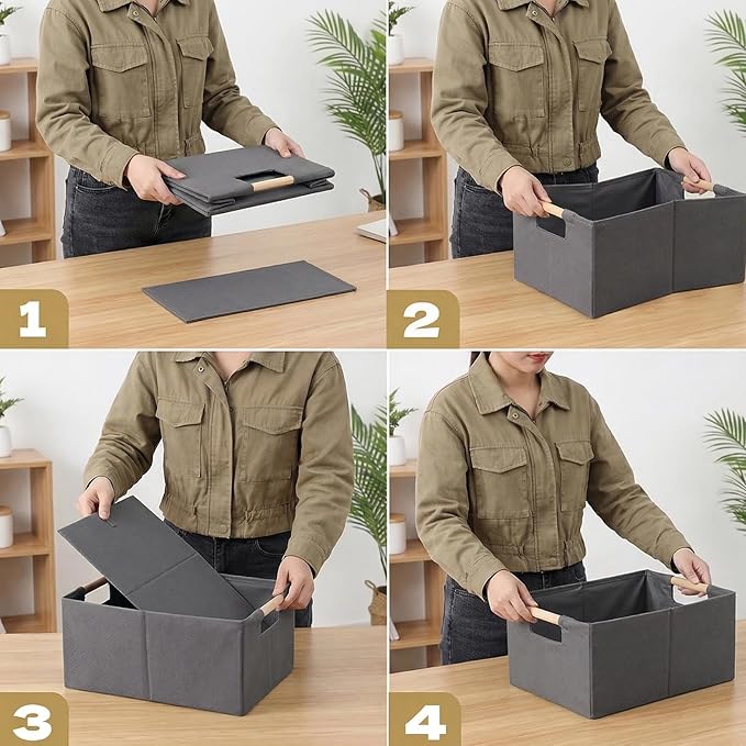 Foldable Fabric Storage Cubes, 2 Packs Cloth Storage Baskets with Wooden Handles, Collapsible Shelf Closet Organizer Bins, Rectangular Storage Boxes for Decor (Gray 2 Pack)