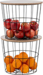 IRIS USA Round Wire Basket with Wooden Lid, 2 Pack, Potato Onion Vegetable Storage, Nestable Storage Bins, Water Resistant Surface, Living Room Bathroom Kitchen, Durable Easy Assembly Space Saving