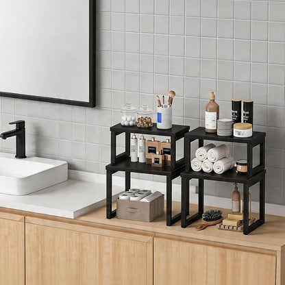 HOOBRO Cabinet Organizer Shelf, Set of 2 Kitchen Counter Shelves, Expandable Kitchen Storage, Stackable Bamboo Spice Rack, for Kitchen, Countertop, Office Desk, Living Room, Black BK20TL01