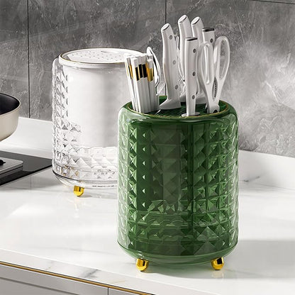 Dxcaicc Cooking Utensil Organizer for Kitchen Counter, Rotating Utensil Caddy with Removable Divider,Plastic Flatware Holder,Sink Countertop Flatware Organizer for Spoons, Forks, Knives,White