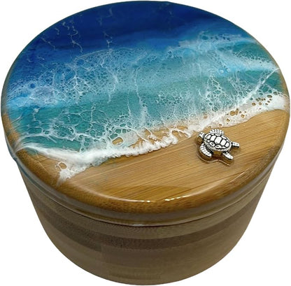 Ocean Resin Art Bamboo Salt Box, Salt Cellar, Bath Salt Container, Storage Box, Herb, Salt, Pepper, Sugar, Spices Storage Box with Magnetic Swivel Lid, Spoon and Turtle Charm