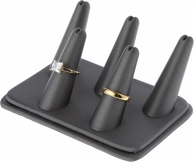 Plymor Gray Faux Leather Ring Finger Display, Five on Rectangular Base, 5.25" W x 3.625" D x 2.25" H (Pack of 2)