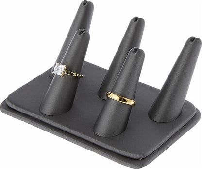 Plymor Gray Faux Leather Ring Finger Display, Five on Rectangular Base, 5.25" W x 3.625" D x 2.25" H (Pack of 2)