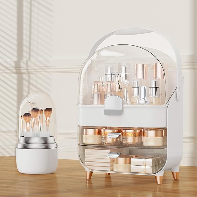Makeup Organizer Countertop & 360° Rotating Makeup Brush Holder, Skincare Holder with Lid and Drawers, Storage Box Cosmetic Display Cases, Teen Girl Gifts, Vanity, Bathroom Counter, Silver