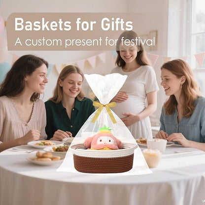 JMvicyroam Woven Basket,Small Rope Storage Bin with Handles & Ribbon Bag, Organizer for Shelves Closets,Gift Basket Empty for Birthday,Books,Dog Toys, White&Brown