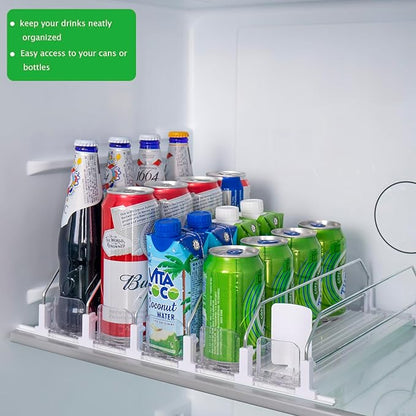 Drink Organizer for Fridge, Self-Pushing Soda Can Organizer for Counter Refrigerator, Width Adjustable Pusher Glide, White, 12”depth-5rows