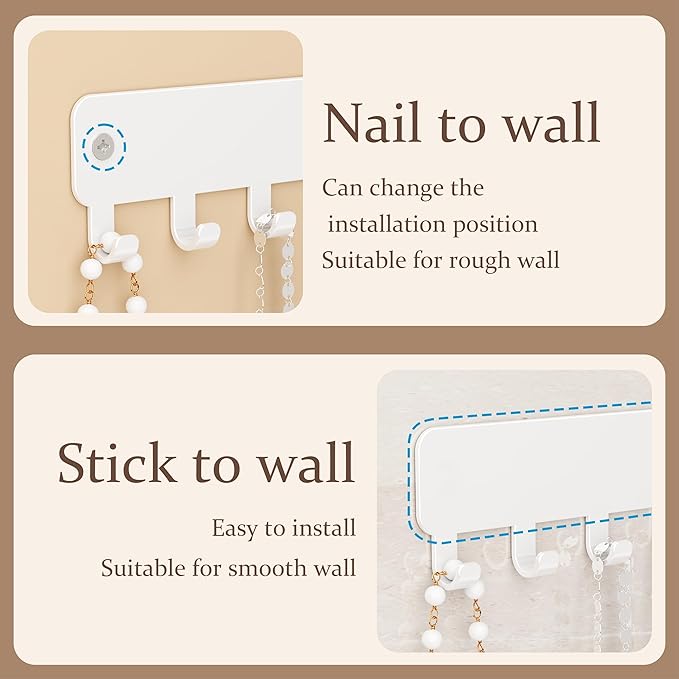 bussdis Drill-In Necklace Organizer: Sturdy Necklace Holder Wall Mounted with Hooks for Tangle-Free Jewelry Storage – Space-Saving Wall Necklace Hanger, White, 2 PCS