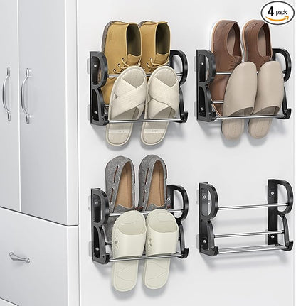 4 Pack Wall Mounted Shoes Rack Wall Shoe Holder Hanging Shoe Organizer Door Hanging Shoe Storage with Sticky Mounts for Camper RV with Hooks No Drilling Black