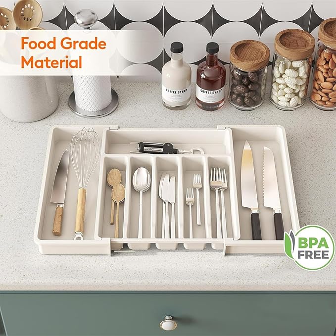 Silverware Drawer Organizer, Plastic Cutlery Storage for Kitchen Drawer, Adjustable Cutlery Organizer, Large Cutlery Tray for Spoons Forks Knives, White