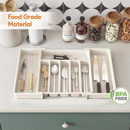 Silverware Drawer Organizer, Plastic Cutlery Storage for Kitchen Drawer, Adjustable Cutlery Organizer, Large Cutlery Tray for Spoons Forks Knives, White
