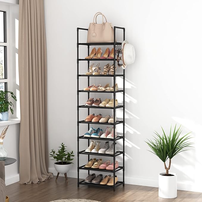 LANTEFUL 10 Tiers Tall Shoe Rack 20-25 Pairs Boots Organizer Storage Sturdy Narrow Shoe Shelf for Entryway, Closets with Hooks, Black