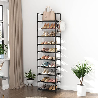 LANTEFUL 10 Tiers Tall Shoe Rack 20-25 Pairs Boots Organizer Storage Sturdy Narrow Shoe Shelf for Entryway, Closets with Hooks, Black
