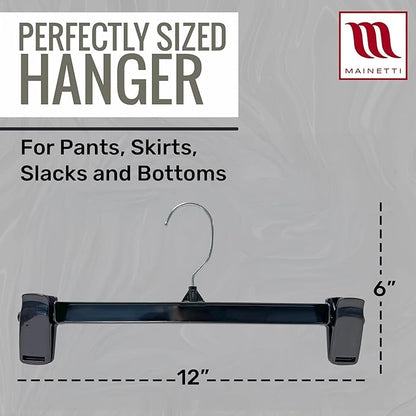 Mainetti Black Plastic Clothes Hangers 50 Pack | 12-Inch Space Saving Hangers with 360 Swivel Metal Hook & Non-Slip Clips | Closet Hangers Ideal for Pants, Skirts, Slacks and Shorts (6012BRSEMN50)