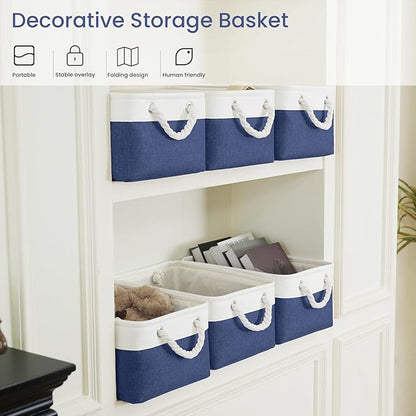 Storage Baskets for Shelves 13.8x9.8x6.7 Inch, Foldable Fabric Storage Bins with Handles, Small Storage Baskets for Organizing Closet, Office, Home Organization (6-Pack, White&Blue)