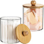 Amolliar 2 Pack Qtip Dispenser with Bamboo Lids - 12 Oz Clear Plastic Apothecary Jar for Vanity Makeup Organizer Storage - Bathroom Decor for Q-Tips Cotton Swabs, Cotton Balls, Pads, Floss