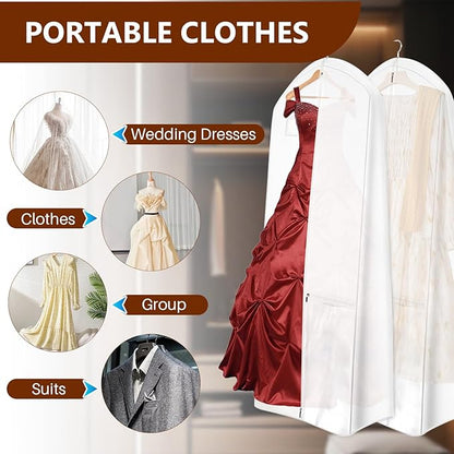 Dress Garment Bags, Long Garment Bags for Travel, 70’’ Wedding Dress Cover with Handle, Foldable Clothing Bag with Pockets and Zippers, White, 180 cm