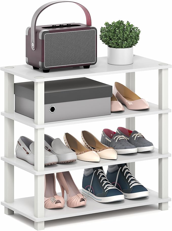 Furinno Turn-S-Tube Shoe Rack, 4-Tier Shoe Organizer, Shoe Storage, 11.6 x 23.6 x 22.3, for Closet Entryway, Office, Garage, White