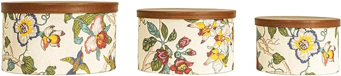 Household Essentials Floral Nestable Hat Boxes with Faux Leather Lids, Multicolor, Set of 3
