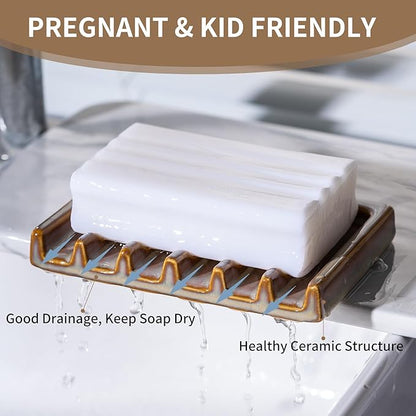 Tanew Self Draining Premium Brown Ceramic Waterfall Soap Dish, Bar and Shower Soap Holder Sponge Holder Soap Tray Savers for Bathroom, Shower, Kitchen, Sink and Countertop