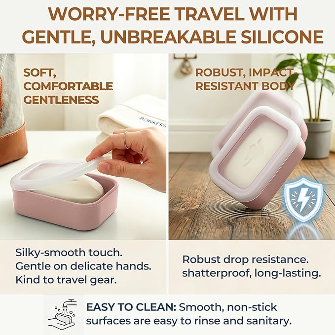 AIMAIAIMAI Compact Leakproof Travel Soap Case, Silicone Travel Soap Container, Portable Soap Box with Drainage Layer, Shatterproof Soap Holder for Bathroom, Gym (Pink)