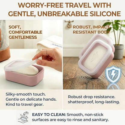 AIMAIAIMAI Compact Leakproof Travel Soap Case, Silicone Travel Soap Container, Portable Soap Box with Drainage Layer, Shatterproof Soap Holder for Bathroom, Gym (Pink)