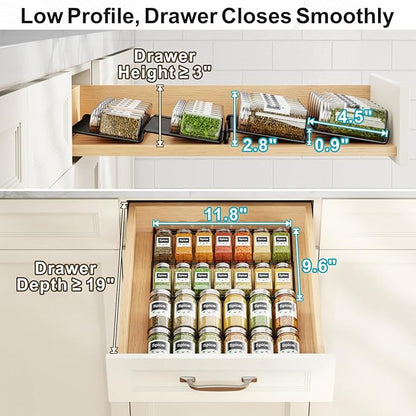iSPECLE 4 Pack Spice Drawer Organizer, 2-Tier Low Profile Spice Rack Insert for Kitchen Drawers, Fits 15"–30" Wide Drawers, Keeps Labels Visible, No Slip No Rattle, Oil-Resistant Carbon Steel, Black