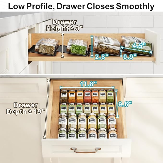 iSPECLE 2 Pack Drawer Spice Organizer, 2-Tier Low Profile Spice Rack Insert for Kitchen Drawers, Fits 15"–30" Wide Drawers, Keeps Labels Visible, No Slip No Rattle, Oil-Resistant Carbon Steel, Black