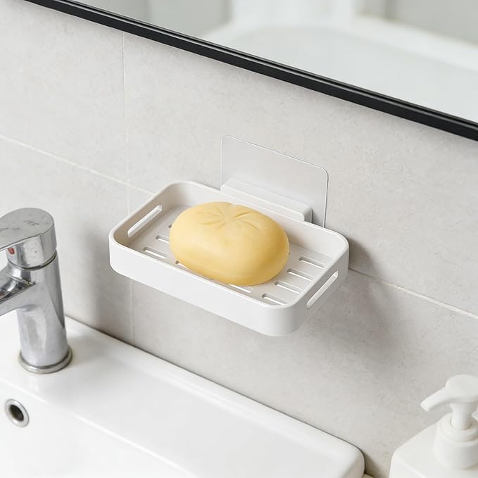 Shower Soap Dish Soap Bar Holder, 2 Pcs Soap Holder for Shower Wall, Plastic No Drill Adhesive Mount Removable Soap Saver Sponge Holder for Bathroom Kitchen Sink, White