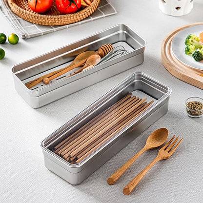 18/8 Stainless Steel Flatware Tray Kitchen Drawer Organizer with Lid and Drainer Stackable Utensil Holder for Countertop Large Capacity Silverware Tray Flatware Organizers