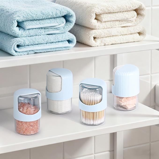 Tbestmax 4 Pack Rotating Qtip Holder Dispenser for Cotton Swabs, Makeup & Hair Accessories, Vanity Organizer with Canisters for Floss Picks, Cotton Balls, Bathroom Essentials Accessories Decor,Blue