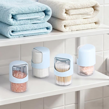 Tbestmax 4 Pack Rotating Qtip Holder Dispenser for Cotton Swabs, Makeup & Hair Accessories, Vanity Organizer with Canisters for Floss Picks, Cotton Balls, Bathroom Essentials Accessories Decor,Blue