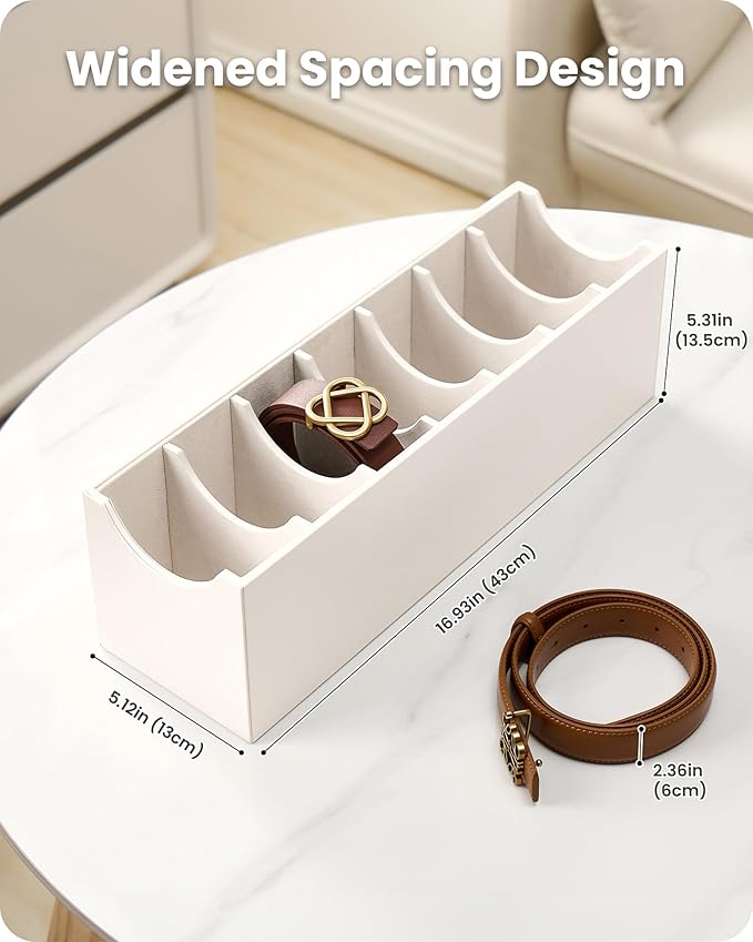 Lolalet 7 Compartments Belt Organizer, PU Leather Belt Holder with Soft Lining, Extra-Wide Slots for Women, Fits Drawer, Closet & Entryway Cabinet -2 Packs, Cream