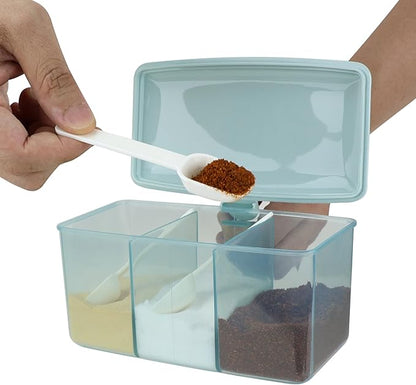 EIKS Seasoning Box with Lid & Spoons for Serving & Storing Salt Sugar Spice Pepper Condiment in Home Kitchen Coffee Restaurant (Blue)