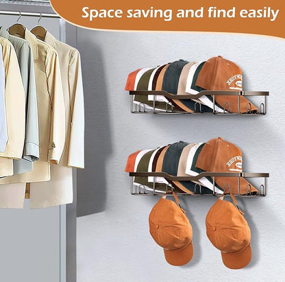 KEETDY Metal Hat Racks for Wall Baseball Cap Organizer Fit 48 Caps Holder, 2 Packs Sturdy Wall Mounted Hat Storage Organizer, Brown