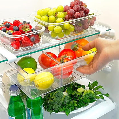 Glad Pull Out Fridge Drawer Organizer - Clip-On Under Shelf Refrigerator & Pantry Storage Bin with 3 Compartments for Fruit, Vegetables, and Deli Meat Drawer - BPA Free Clear Plastic