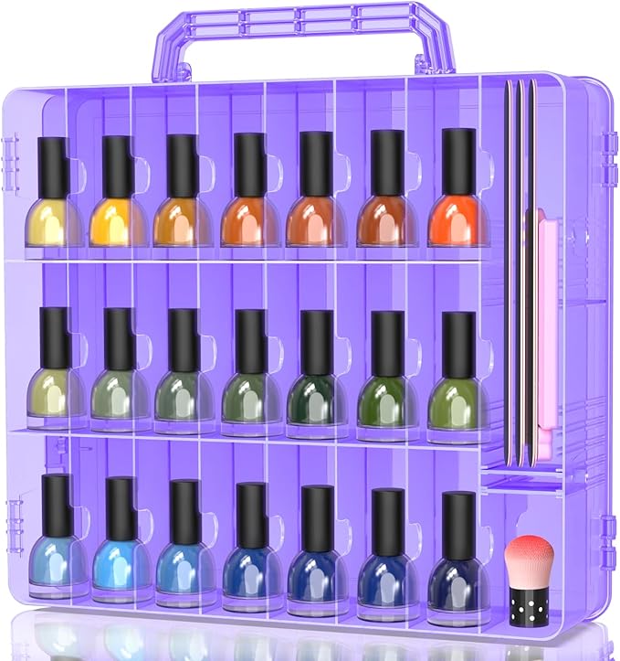 SUBAY Portable Nail Polish Organizer, Clear Double Side Nail Polish Holder,Gel Nail Storage for 48 Bottles with 6 Adjustable Dividers in Each Side Space Saver, Purple