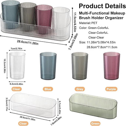 DASITON Makeup Brush Holder Organizer with 4 Cup, Vintage Striped Make Up Brush Holder for Vanity, Bathroom Toothbrush Holders, Acrylic Cosmetic Brushes Storage Organizer Pen Holder (Clear+Multicolor)