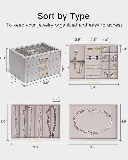 VLANDO Jewelry Box for Women, Glass Lid Jewelry Organizer with 3 Drawers for Necklaces Rings Earrings Bracelets - Grey