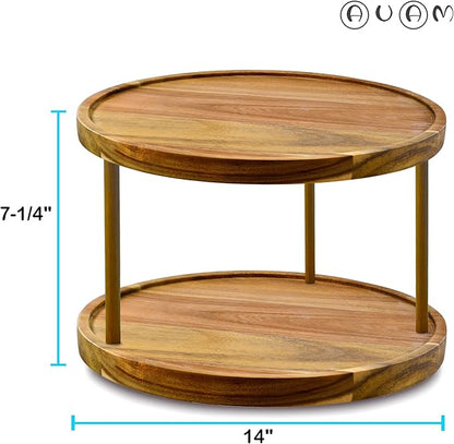 14" Two-Tier Acacia Wood Lazy Susan Organizer Kitchen Turntable for Cabinet Pantry Table Organization